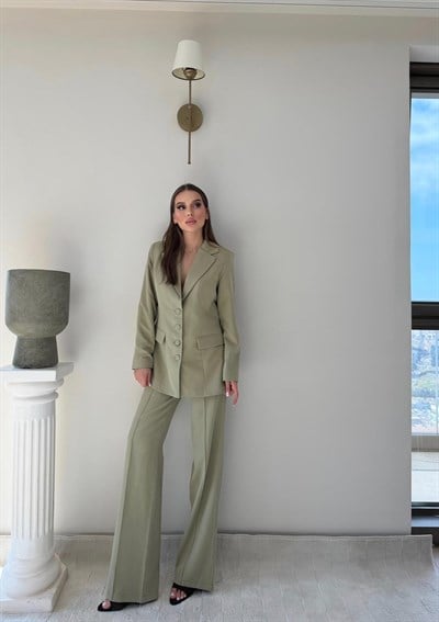 Dört Düğme Detay İç Astarlı Blazer Ceket ve Pantolonlu Double Kumaş İkili Takım Haki 2093