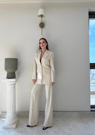 Dört Düğme Detay İç Astarlı Blazer Ceket ve Pantolonlu Double Kumaş İkili Takım Bej 2093