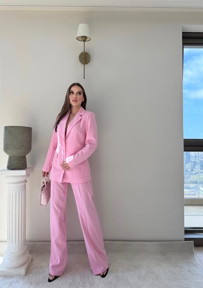 Dört Düğme Detay İç Astarlı Blazer Ceket ve Pantolonlu Double Kumaş İkili Takım Pembe 2093