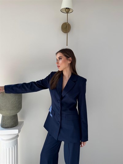 Dört Düğme Detay İç Astarlı Blazer Ceket ve Pantolonlu Double Kumaş İkili Takım Lacivert 2093