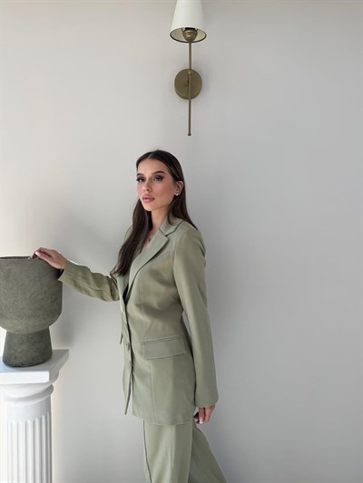 Dört Düğme Detay İç Astarlı Blazer Ceket ve Pantolonlu Double Kumaş İkili Takım Haki 2093