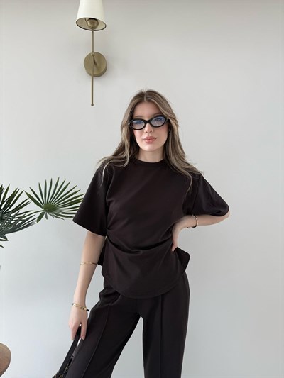 Drape Detay Tişört ve Pantolonlu Modal İkili Takım Acı Kahve 2137