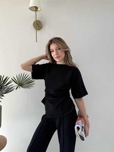 Drape Detay Tişört ve Pantolonlu Modal İkili Takım Siyah 2137