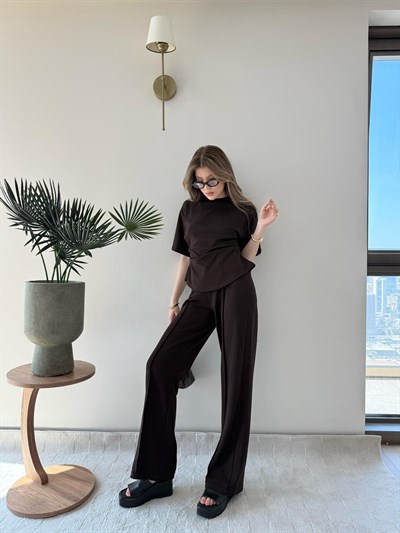 Drape Detay Tişört ve Pantolonlu Modal İkili Takım Acı Kahve 2137