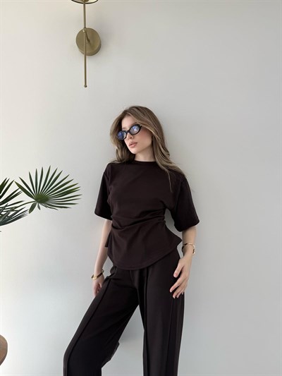 Drape Detay Tişört ve Pantolonlu Modal İkili Takım Acı Kahve 2137
