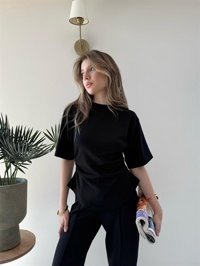 Drape Detay Tişört ve Pantolonlu Modal İkili Takım Siyah 2137
