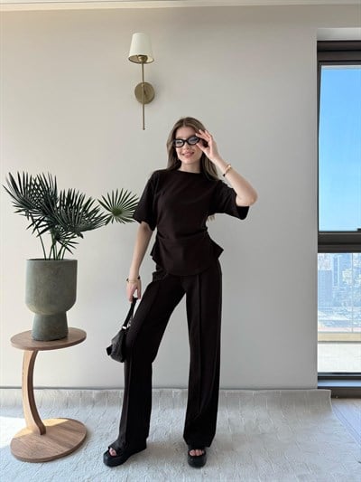 Drape Detay Tişört ve Pantolonlu Modal İkili Takım Acı Kahve 2137