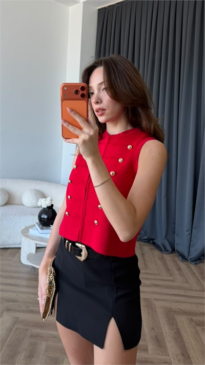 Düğme Detay Ağraflı Triko Bluz Kırmızı 2403
