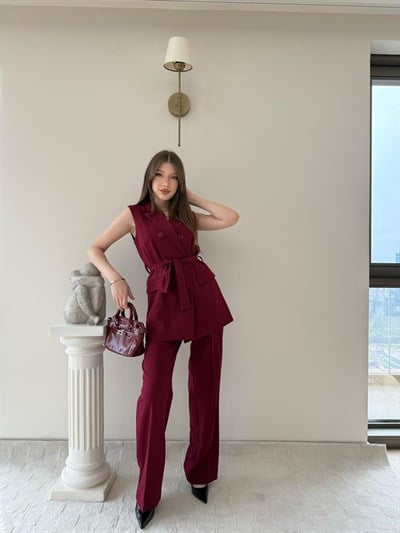 Düğme Detay Bel Kuşaklı Yelek Ve Pantolonlu İkili Kumaş Takım Bordo 2106