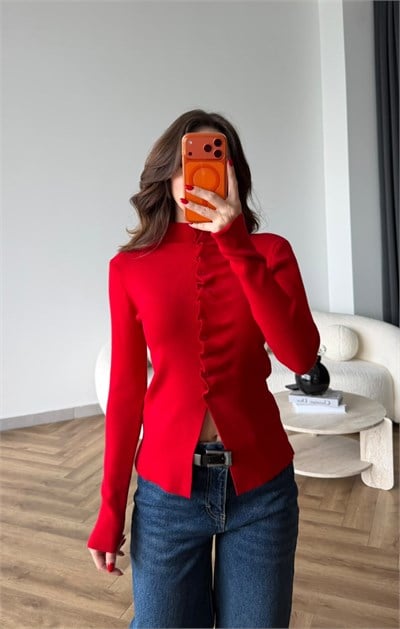Düğme Detay Triko Hırka Kırmızı 2499