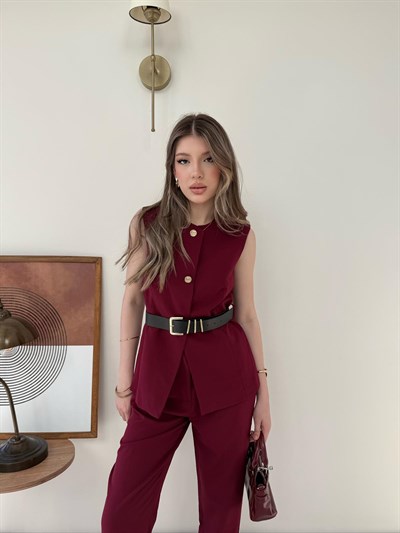 Düğmeli Bel Kemer Detay İç Astarlı Yelek ve Pantolonlu Double Kumaş İkili Takım Bordo 2144