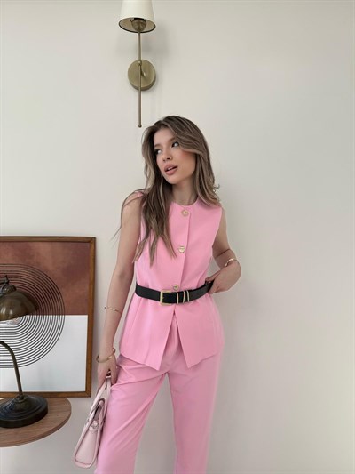 Düğmeli Bel Kemer Detay İç Astarlı Yelek ve Pantolonlu Double Kumaş İkili Takım Pembe 2144