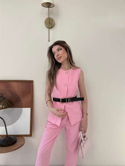Düğmeli Bel Kemer Detay İç Astarlı Yelek ve Pantolonlu Double Kumaş İkili Takım Pembe 2144