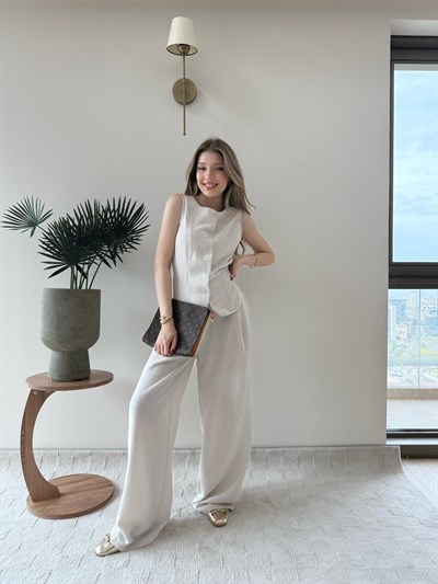 Düğmeli Bel Kuşaklı Yelek ve Pantolonlu Keten İkili Takım Bej 2219