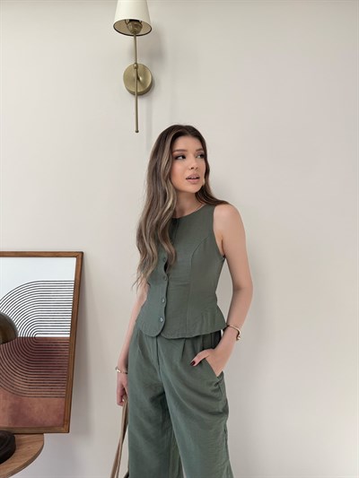 Düğmeli Bel Kuşaklı Yelek ve Pantolonlu Keten İkili Takım Haki 2219