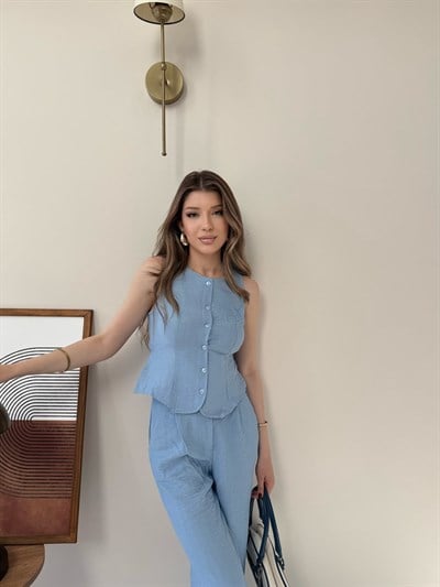 Düğmeli Bel Kuşaklı Yelek ve Pantolonlu Keten İkili Takım Mavi 2219