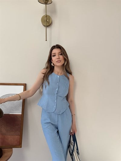 Düğmeli Bel Kuşaklı Yelek ve Pantolonlu Keten İkili Takım Mavi 2219