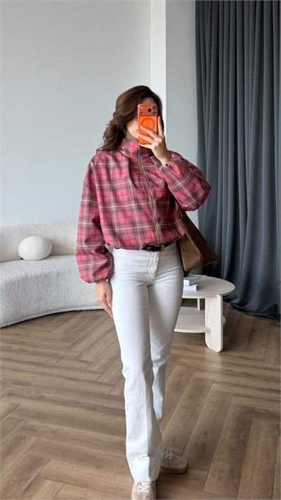Ekose Desen Gold Fermuar Detay Bomber Ceket Bordo 2400