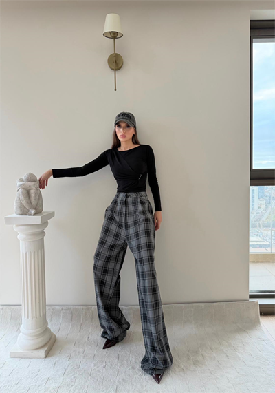 Ekose Desen Yüksek Bel Palazzo Pantolon Gri 2023