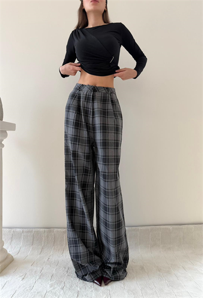 Ekose Desen Yüksek Bel Palazzo Pantolon Gri 2023