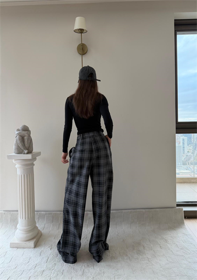 Ekose Desen Yüksek Bel Palazzo Pantolon Gri 2023