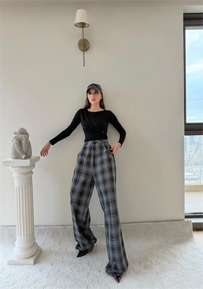 Ekose Desen Yüksek Bel Palazzo Pantolon Gri 2023