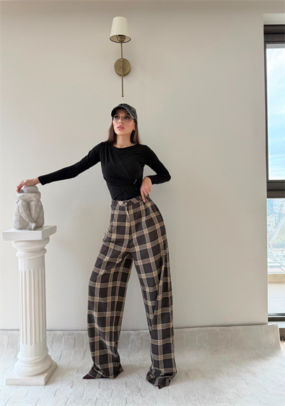 Ekose Desen Yüksek Bel Palazzo Pantolon Kahverengi 2023