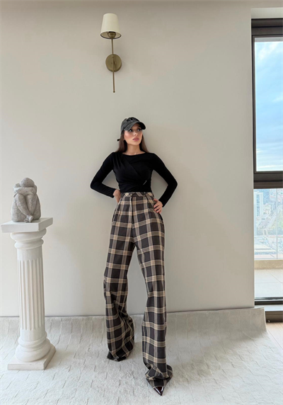 Ekose Desen Yüksek Bel Palazzo Pantolon Kahverengi 2023