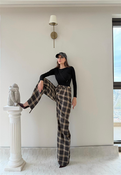 Ekose Desen Yüksek Bel Palazzo Pantolon Kahverengi 2023