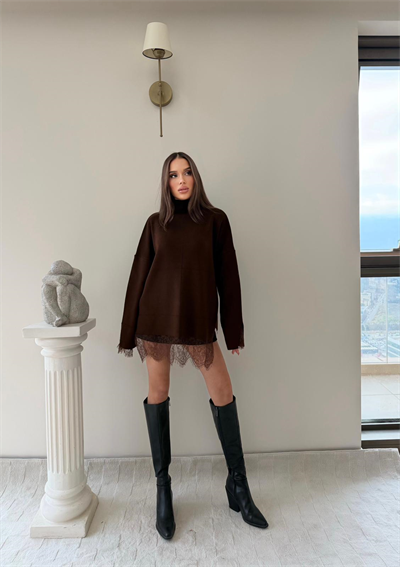 Etek Dantel Detay Oversize Triko Kahve 2031