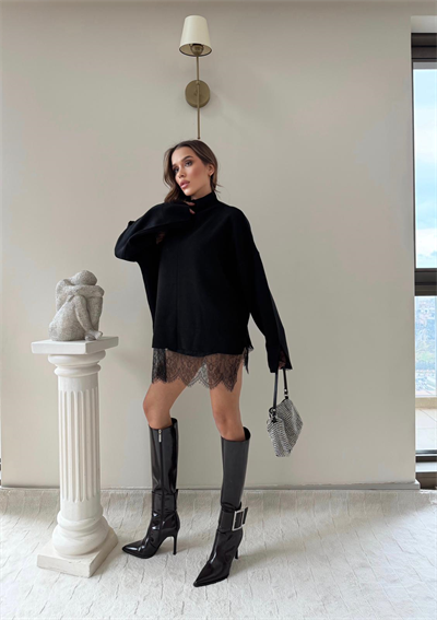 Etek Dantel Detay Oversize Triko Siyah 2001