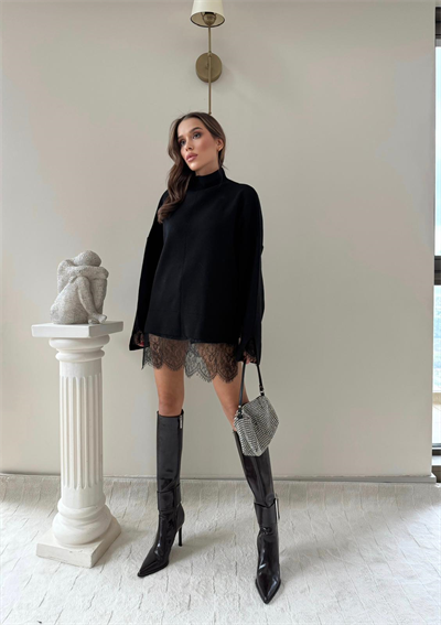 Etek Dantel Detay Oversize Triko Siyah 2001