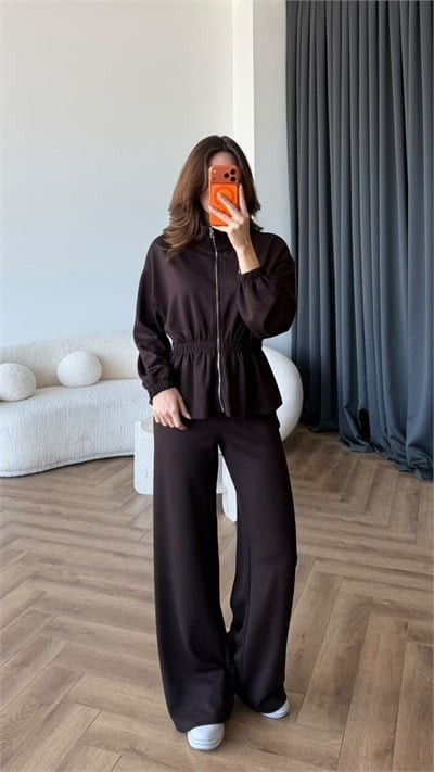 Fermuarlı Bel Drape Detay Bluz ve Pantolonlu Modal İkili Takım Kahve 2465