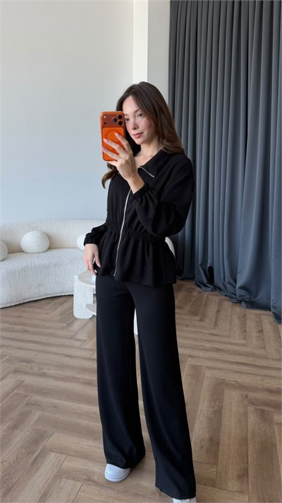 Fermuarlı Bel Drape Detay Bluz ve Pantolonlu Modal İkili Takım Siyah 2465