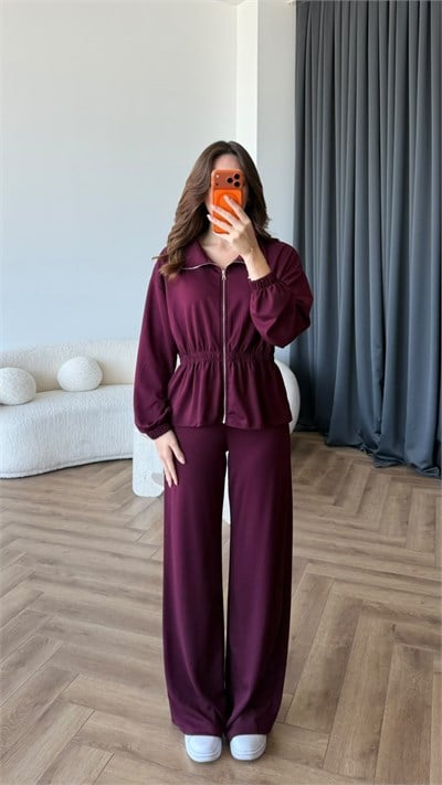 Fermuarlı Bel Drape Detay Bluz ve Pantolonlu Modal İkili Takım Mürdüm 2465