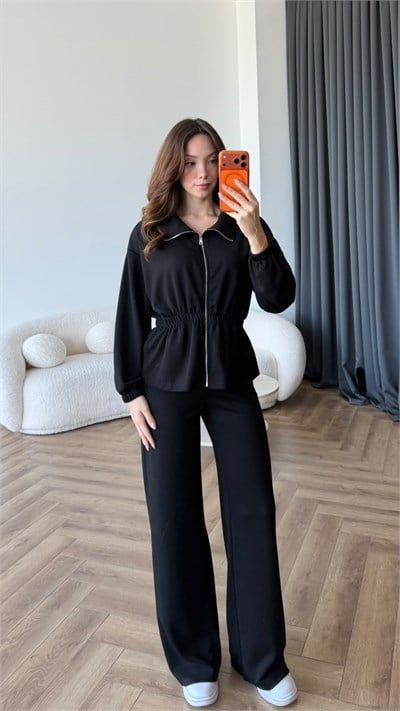 Fermuarlı Bel Drape Detay Bluz ve Pantolonlu Modal İkili Takım Siyah 2465
