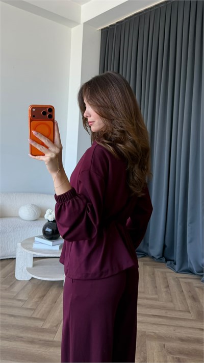 Fermuarlı Bel Drape Detay Bluz ve Pantolonlu Modal İkili Takım Mürdüm 2465