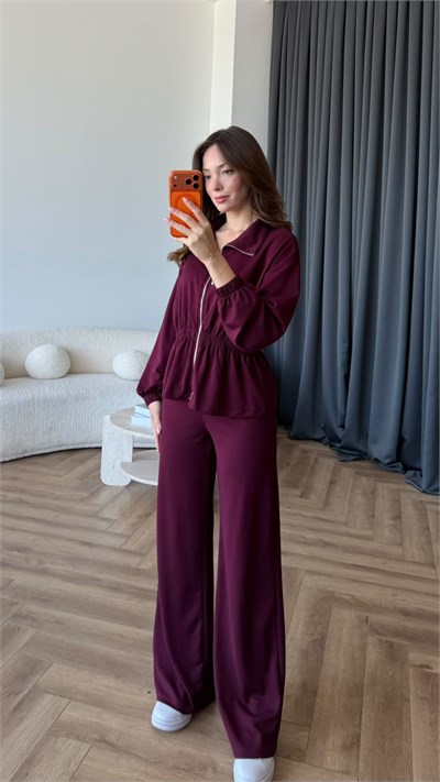 Fermuarlı Bel Drape Detay Bluz ve Pantolonlu Modal İkili Takım Mürdüm 2465