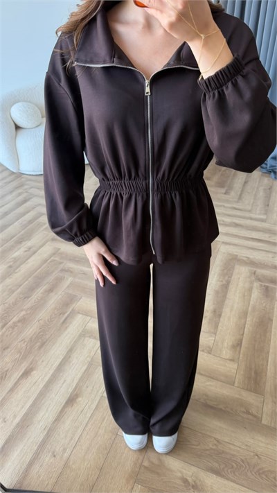 Fermuarlı Bel Drape Detay Bluz ve Pantolonlu Modal İkili Takım Kahve 2465