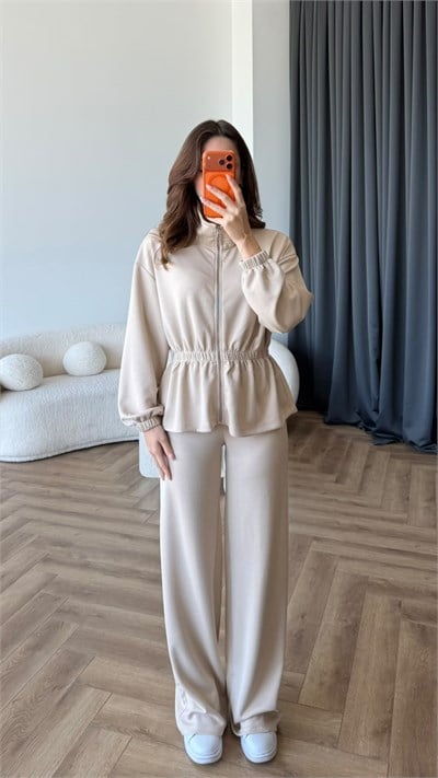 Fermuarlı Bel Drape Detay Bluz ve Pantolonlu Modal İkili Takım Bej 2465
