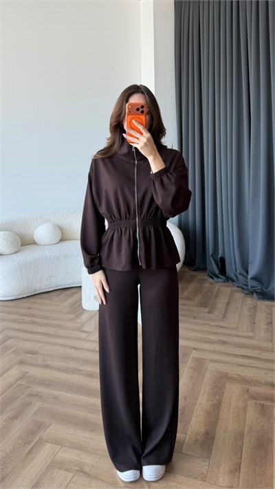 Fermuarlı Bel Drape Detay Bluz ve Pantolonlu Modal İkili Takım Kahve 2465