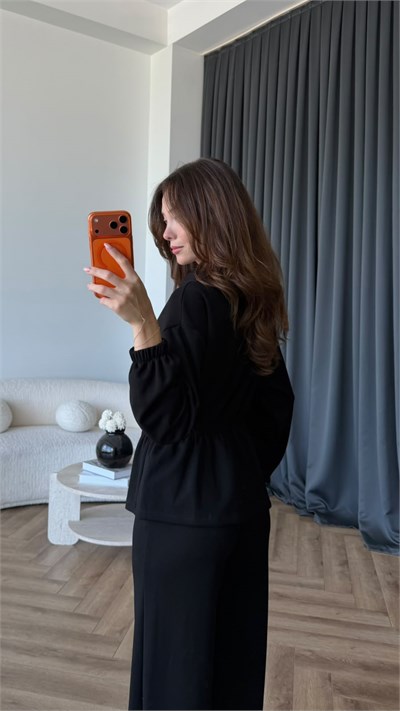 Fermuarlı Bel Drape Detay Bluz ve Pantolonlu Modal İkili Takım Siyah 2465