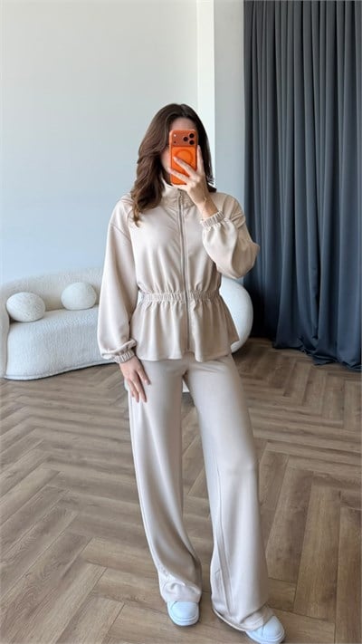 Fermuarlı Bel Drape Detay Bluz ve Pantolonlu Modal İkili Takım Bej 2465