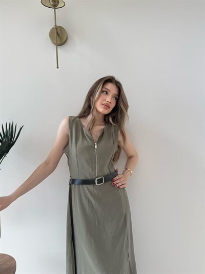Fermuarlı Bel Kemer Detay Yırtmaçlı Uzun Keten Elbise Haki 2274