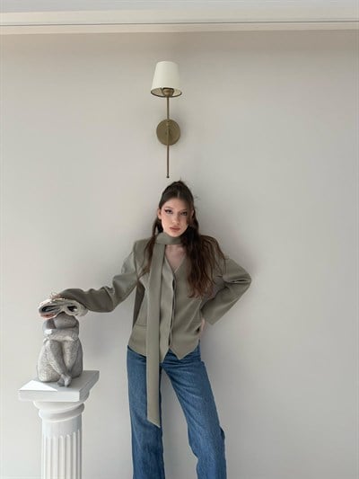 Fular Detay Gizli Düğmeli Astarlı Blazer Ceket Haki 2115