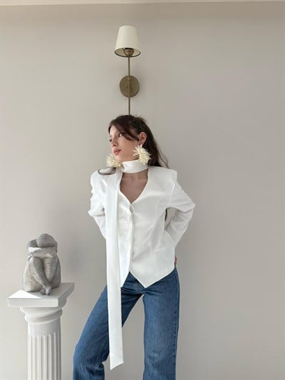 Fular Detay Gizli Düğmeli Astarlı Blazer Ceket Beyaz 2115