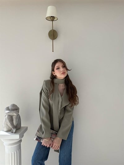 Fular Detay Gizli Düğmeli Astarlı Blazer Ceket Haki 2115