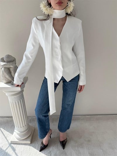 Fular Detay Gizli Düğmeli Astarlı Blazer Ceket Beyaz 2115