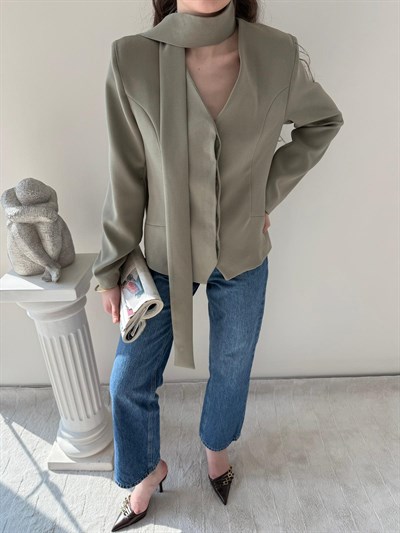 Fular Detay Gizli Düğmeli Astarlı Blazer Ceket Haki 2115