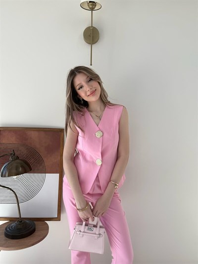 Gold Çift Düğme Detay Yelek ve Pantolonlu Double Kumaş İkili Takım Pembe 2143